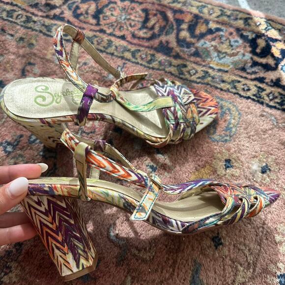 Seychelles Women's 7 Heels Multicolor Mum T-Strap Sandal Summer Heel - Picture 2 of 3